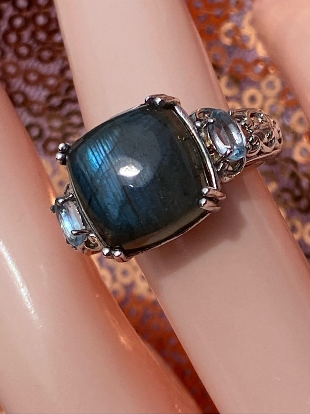 Storm-caller Labradorite & Blue Topaz Ring-9.65 ctw-Mystic Statement Silver Sz 7